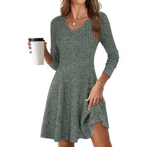 Women's Long Sleeve Ribbed Short Dresses V Neck Swing Sweater Dress Green